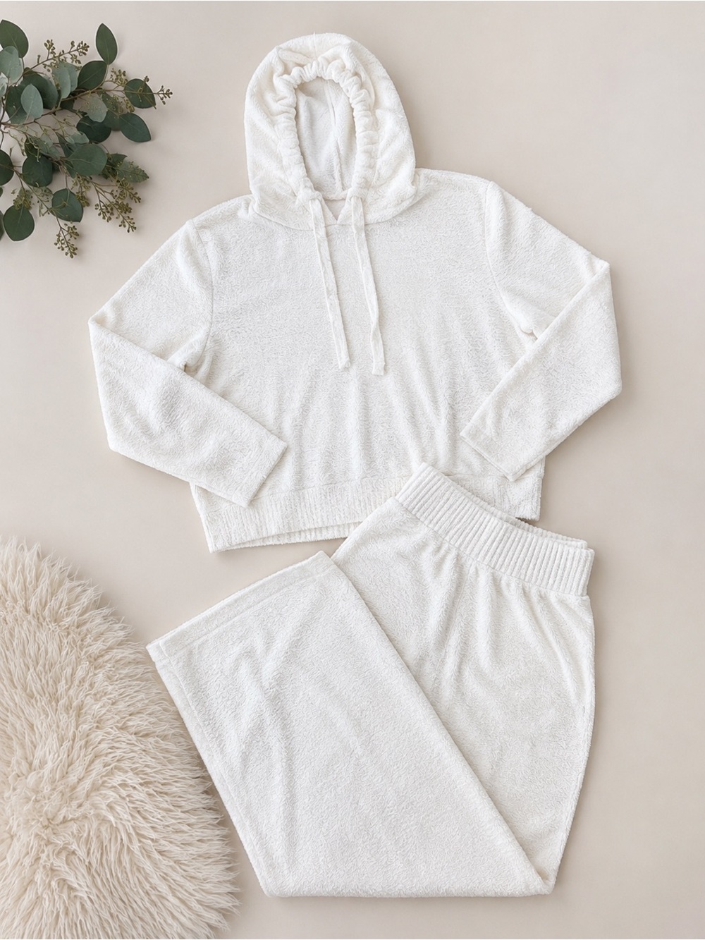 Eberjey White Teddy Fleece Lounge Set Hoodie Wide Leg Pants Size M Soft Cozy